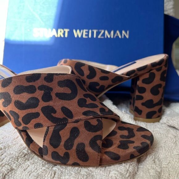 Stuart Weitzman Galene sandals suede leopard block heel size 7M gorpcore - Picture 11 of 13